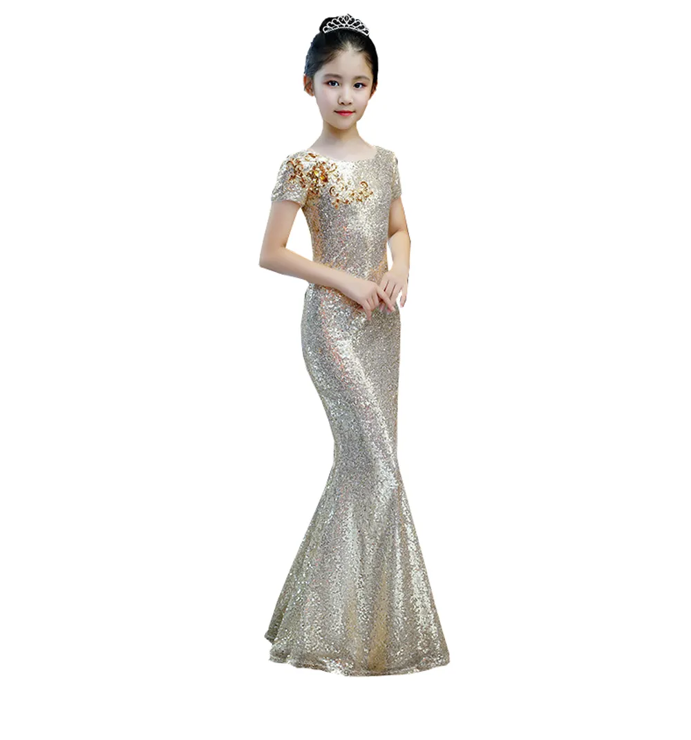 2022 샴페인 스팽글 인어 미인 파티 드레스 짧은 소매 골드 아플리케 다이아몬드 소녀 특별 행사 드레스