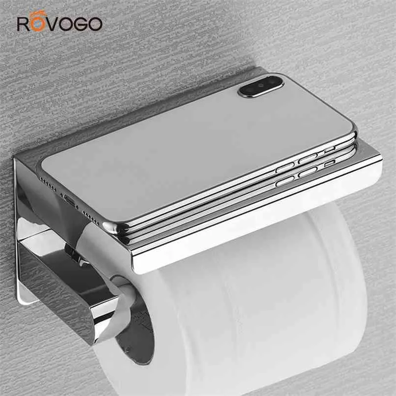 Rovogo SUS 304 suporte de papel higiênico de aço inoxidável com prateleira de telefone, Bathroom Tissue Roll 210720