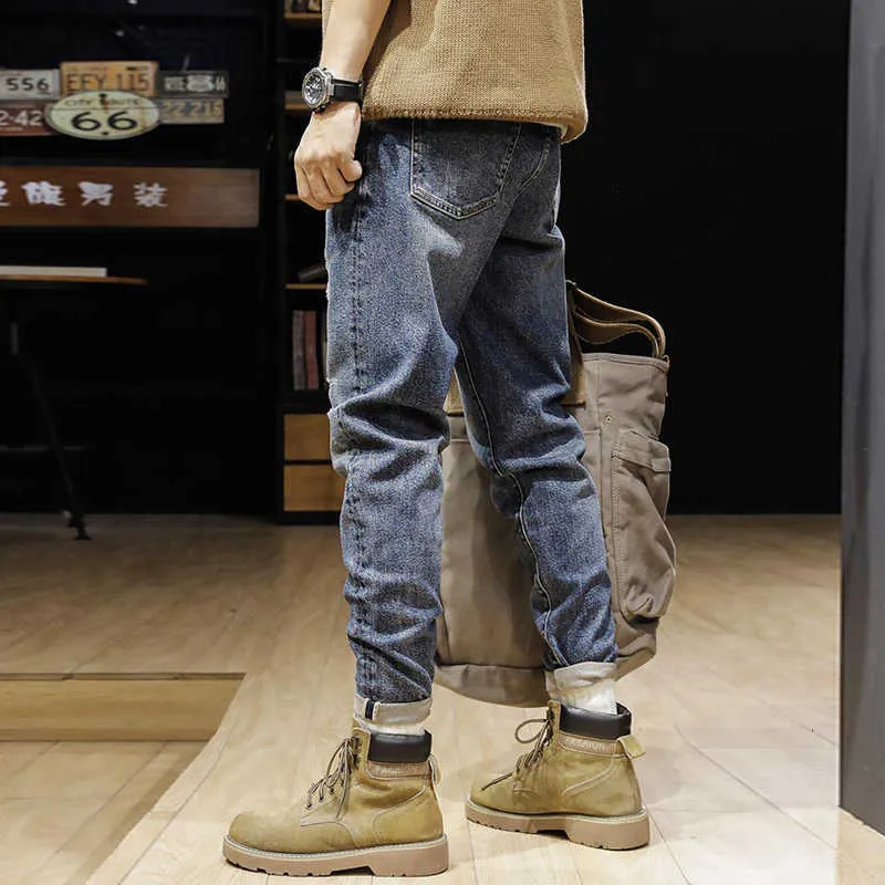 Korean Style Fashion Men Jeans Loose Fit Retro Blue Casual Ripped