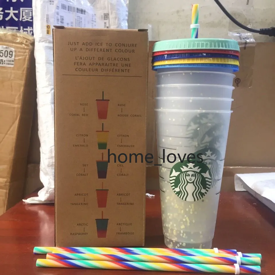 Starbucks 710ml mudança de cor tumblers plástico bebendo suco copo com lábio e palha mágica caneca de café Costa do arco-íris da cor plástico