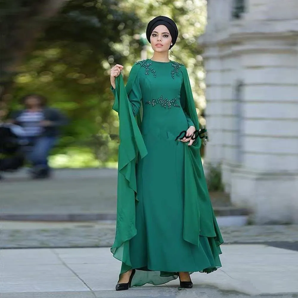 Marokko-Kaftan, dunkelgrünes Chiffon-Kleid für die Brautmutter mit Wickelperlen, arabische muslimische Frauen, Hochzeitsgastkleider, lange Ärmel, A-Linie-Abendkleid