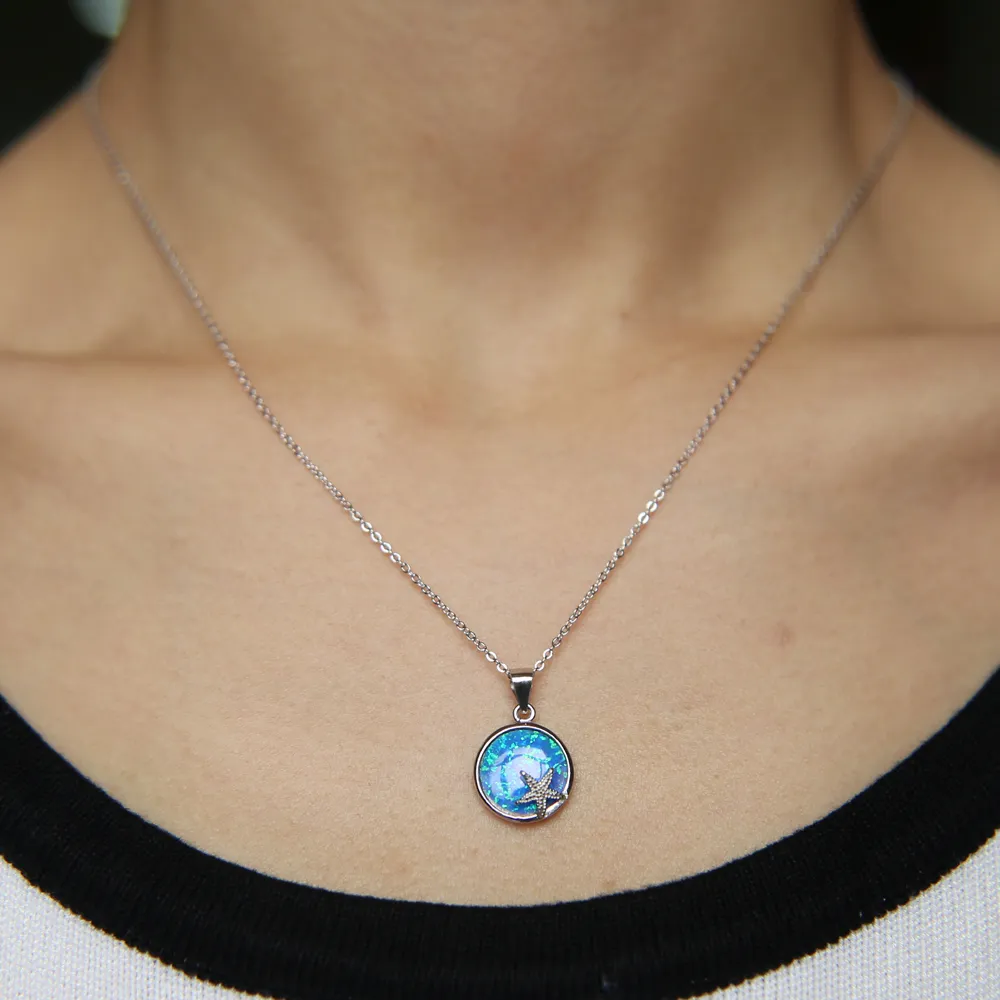 Latest Drop-shaped and Star Necklace Pendant 100% 925 Sterling Silver Fine Jewelry Blue Fire Opal Gem Summer Beach Jewelry Gifts Q0531