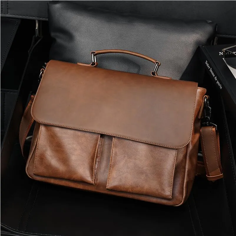 Mens Leathers axelväskor Horisontell stor kapacitet Business Portföljen Clamshell Pocket Decoration Men Handbag Casual Solid Color Leather Ryggsäck 21082