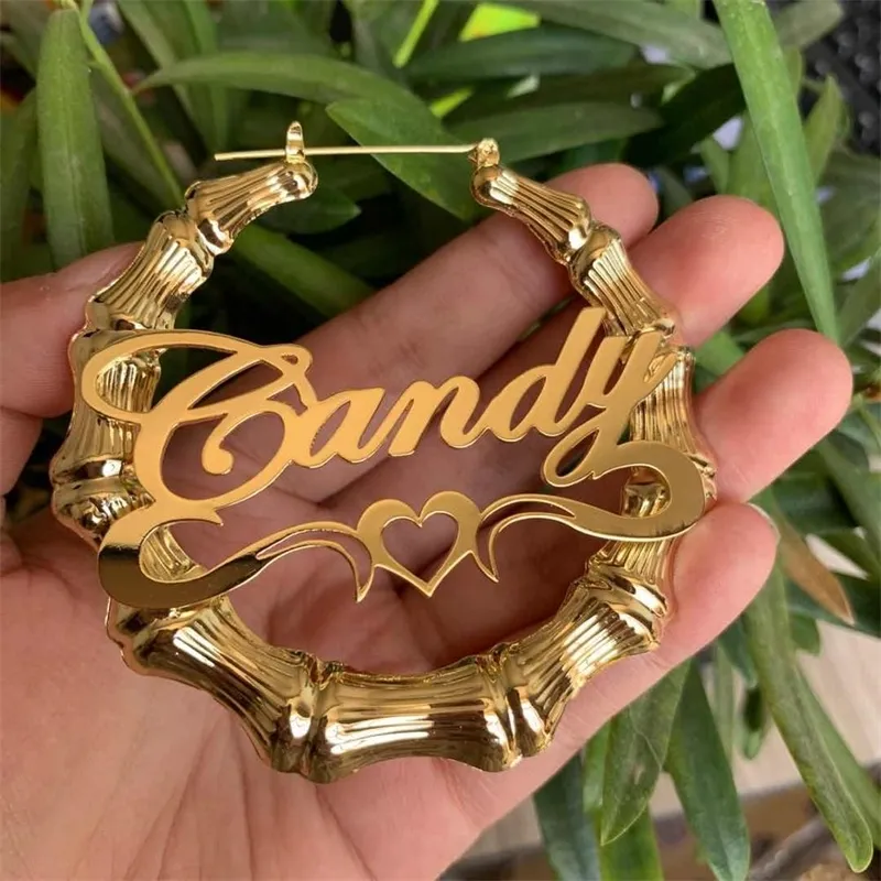 Stainless Custom Bamboo Hoop Name Personalized Jewelry Fashion Show Charming Earrings Gold Gift