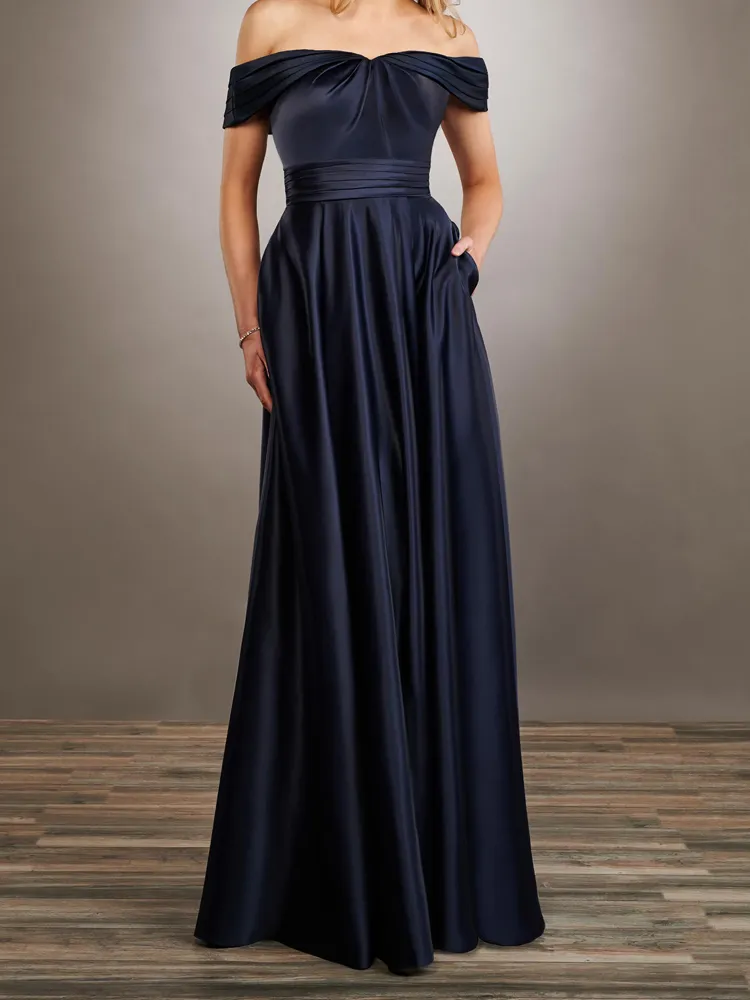 Dark Navy Bridesmaid Dress Satin Strapless Zipper Back Floor Length Wedding Party Gowns with Side Pockets