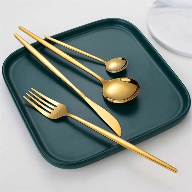 4 SZTUK Złoto Zestaw Obiadowy Zestaw Ze Stali Nierdzewnej Czarny Nóż Widelec Spoon Teaspoon Cutlery Kitchen Silverware 210928
