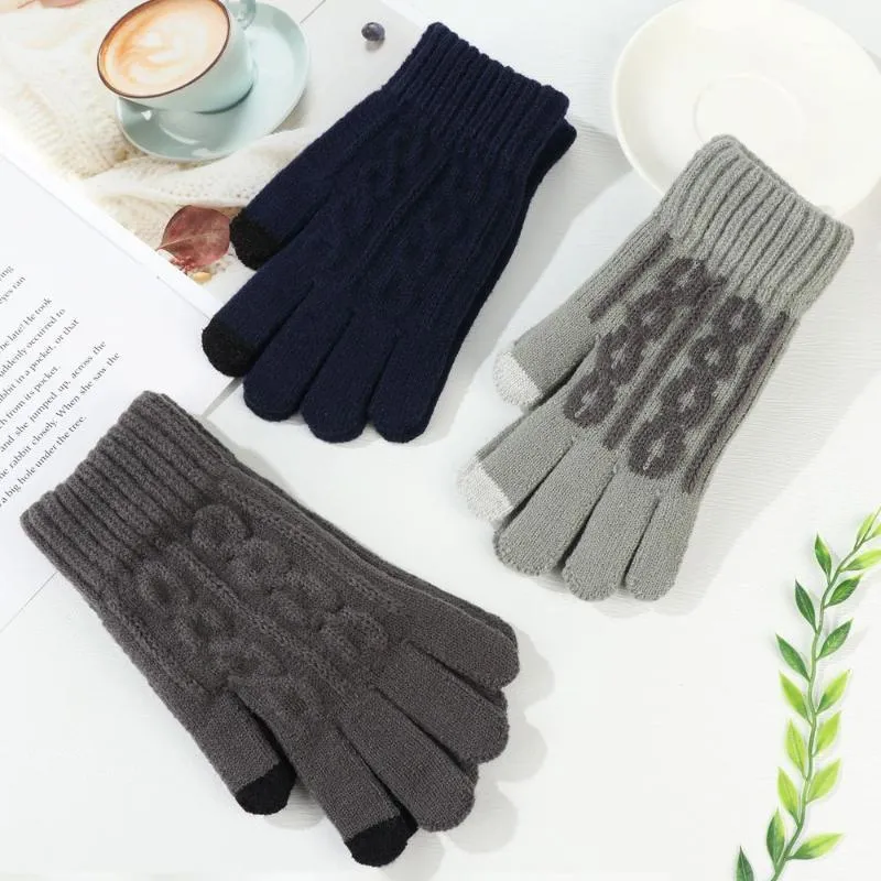 Five Fingers Gloves Winter Plus Velvet Elastic Soft Thick Warm Knitted Touch Screen Mittens Arm Warmers