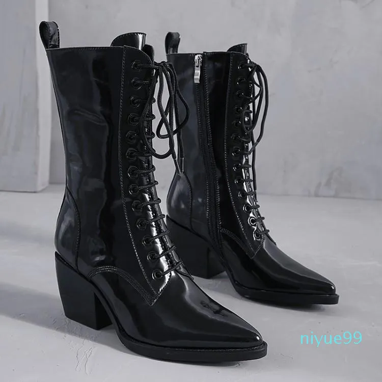 Boots Leather Thick-heeled Mid-tube Trendy Women's Patent Pointed-toe Lace-up High-heel Motorcycle