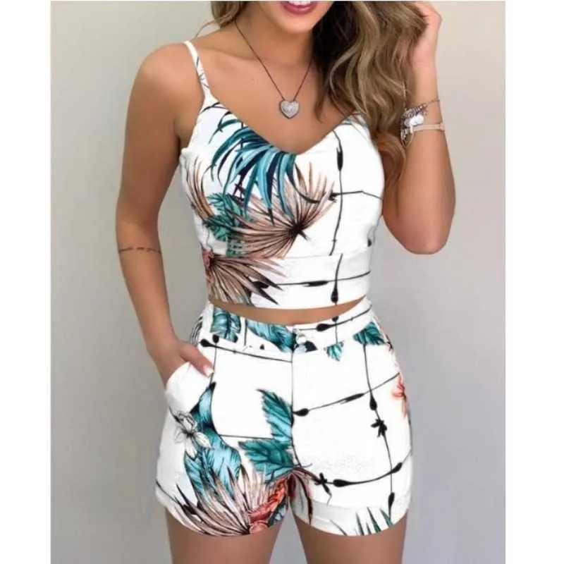 Sommer Frauen Zwei Stücke Set Plus Größe Beiläufige Kurze Overall Frauen Dünne Kurze Sets V-ausschnitt Blumen Druck Strand Tragen Overalls 2021 Y0702