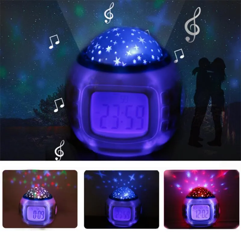 Quarto Kids Música LED Starry Sky Night Digital Despertador Despertador Temperatura Display Relógio Eletrônico Criança Bebê Presente de Natal 210310