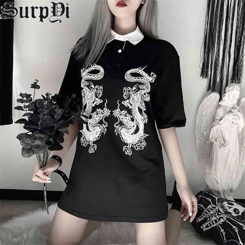 Mujer Camisetas Harajuku Punk Kobiety Odzież Dragon Drukuj Femme Koszulki Vintage Czarne Gotowe Ubrania Długie Luźne Topy 210720