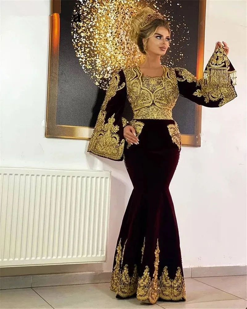 Traditional Kosovo Vestidos Formales Arabic Veet Evening Dresses Flared Sleeves Applique Lace Mermaid Prom Dress Robe De Soir 322