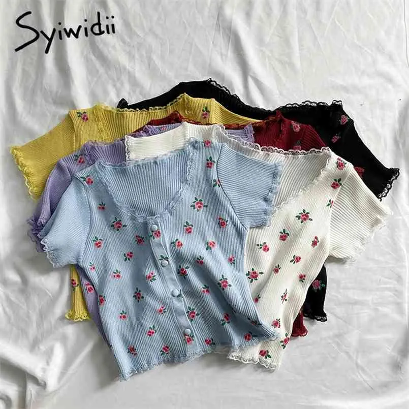 Syiwidii ​​Y2K вязаный кардиган Cardigan Top Swater Женщина кружева цветок печати Летние обрезанные танки красочные TEE белый красный синий 210810