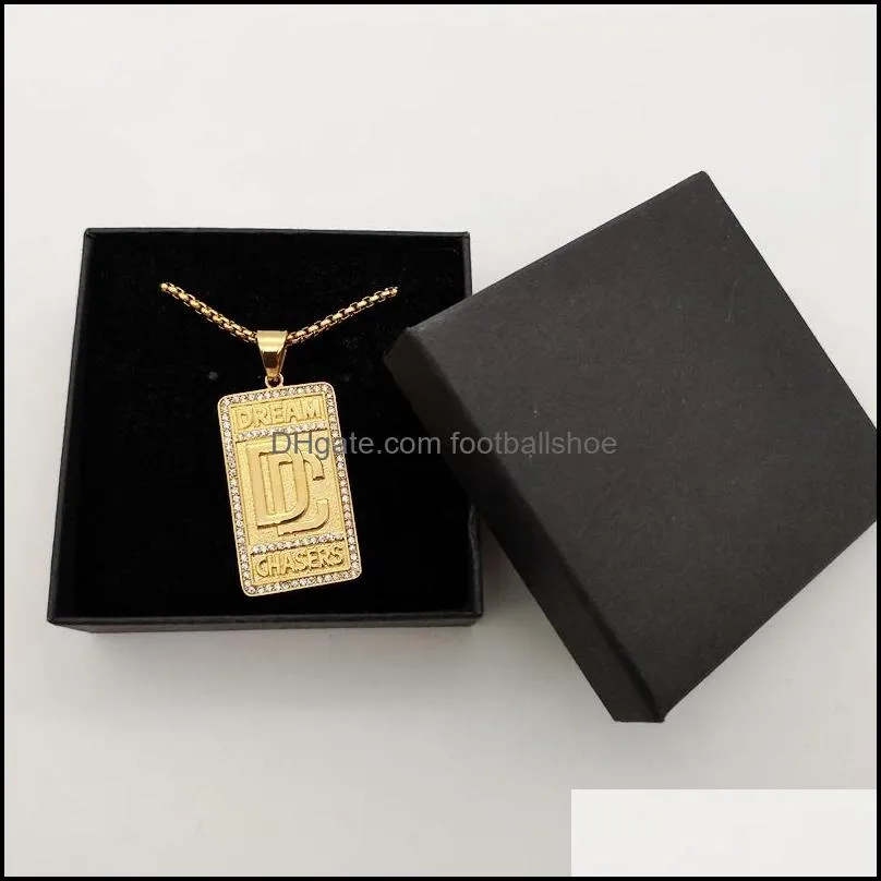 Hip Hop rock stainless steel rhinestones Dream Chaser pendant necklace mens fashion Gold color DC necklace jewelry Y1220
