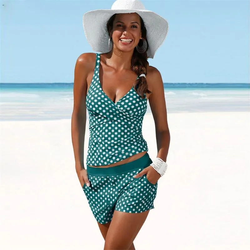 Kadın Mayo Polka Dot Muhafazakar Mayo Kadın Tanga Bikini Swim Suit 2 Parça Külot Seti Mayo Kadınlar Tankini Beach