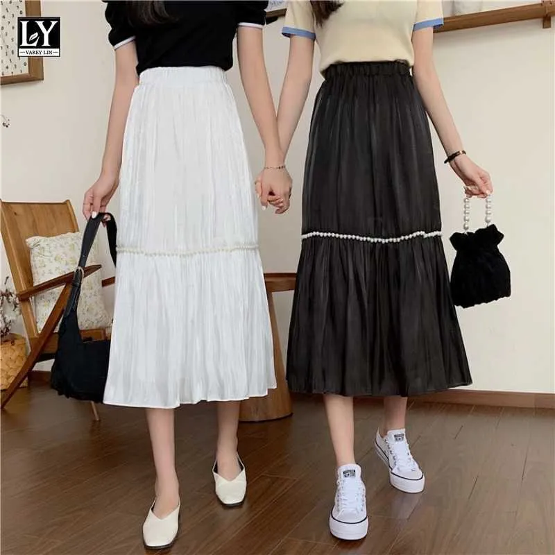 LY VAREY LIN Spring Summer Casual Women High Waist Solid Color White Skirts Fashion Female Folds A-line Mid Length 210526