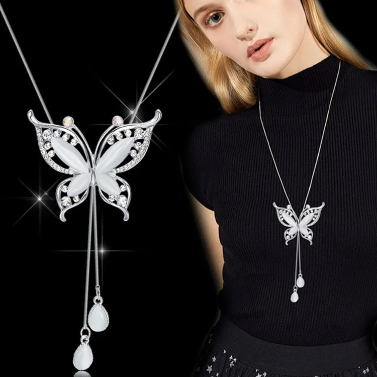 Sautoir pour femmes mode opale papillon colliers pendentifs chandail chaîne bijoux