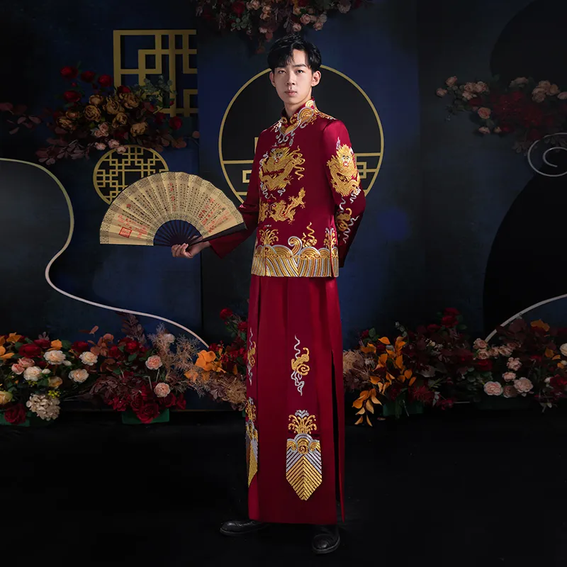 Ancient ethnic costumes male red cheongsam Chinese style groom dress jacket long gown traditional China Qipao for Mens