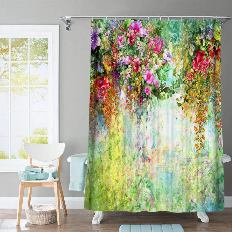 샤워 커튼 고품질 꽃 잎 직물 커튼 방수 욕실 장식을위한 아름다운 자연 경치 목욕 고리