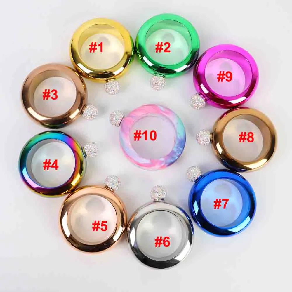 50pcs braccialetto mini fiaschetta in acciaio inossidabile 304 da 3,5 once con coperchio di strass boccette colorate moda vaso rotondo bottiglia di vino portatile creativa