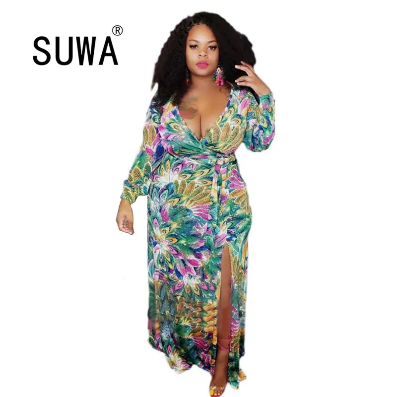 Spring Autumn Plus Size Women Deep V-Neck Long Sleeve Printing Tall Waist Split Belt Dress Sexy Party Night Club 210525