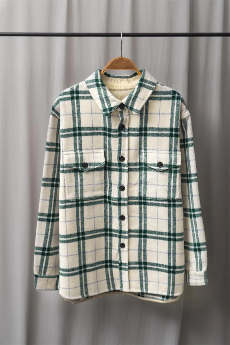 Kvinnors Ullblandningar Kvinnor Grön Plaid Woolen Coat R Sido Split Långärmad Lady Single-Breeded Jacket Down-down Collar Outwear Toppar 2021 A