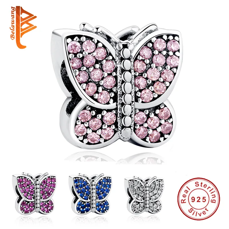 Oryginalne 100% 925 Sterling Silver Charms musujące CZ Zwierząt Butterfly Koraliki Fit Pandora Bransoletka Naszyjnik DIY Biżuteria Dokonywanie Q0531