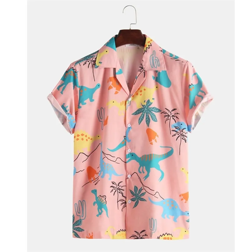 Mode hawaiian skjorta mens rolig stil dinosaur tecknad tryckt kort ärm rosa tröjor män koreanska kläder gratis 210626