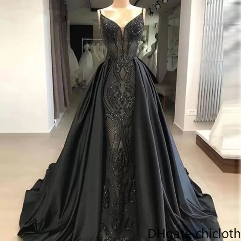 NEW! 2022 New Black Spaghetti Straps Lace Mermaid Long Prom Dresses with Satin Over Skirts Floor Length Formal Party Evening Gowns