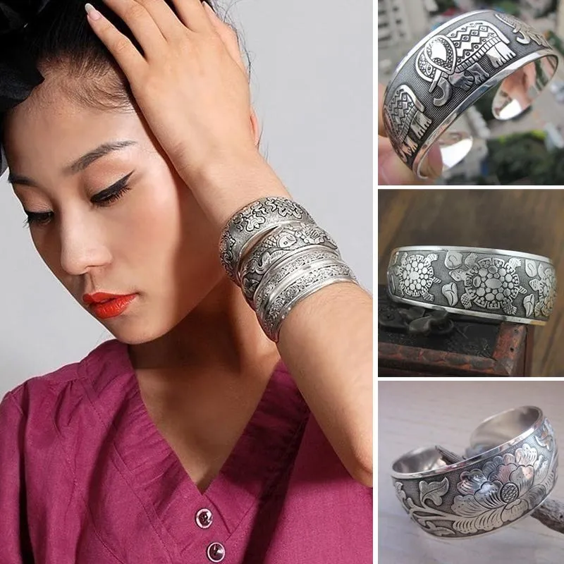 Bangle vintage etnisk stil bredband för män kvinnor elefant sköldpadda blomma snidad retro antika silverpläterade