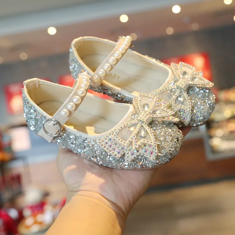 Girls Cute Pearl Princess Shoes Spring Kids Sequin Bow Dance Leather Shoes Children s Rhinestone Party Wedding Shoes