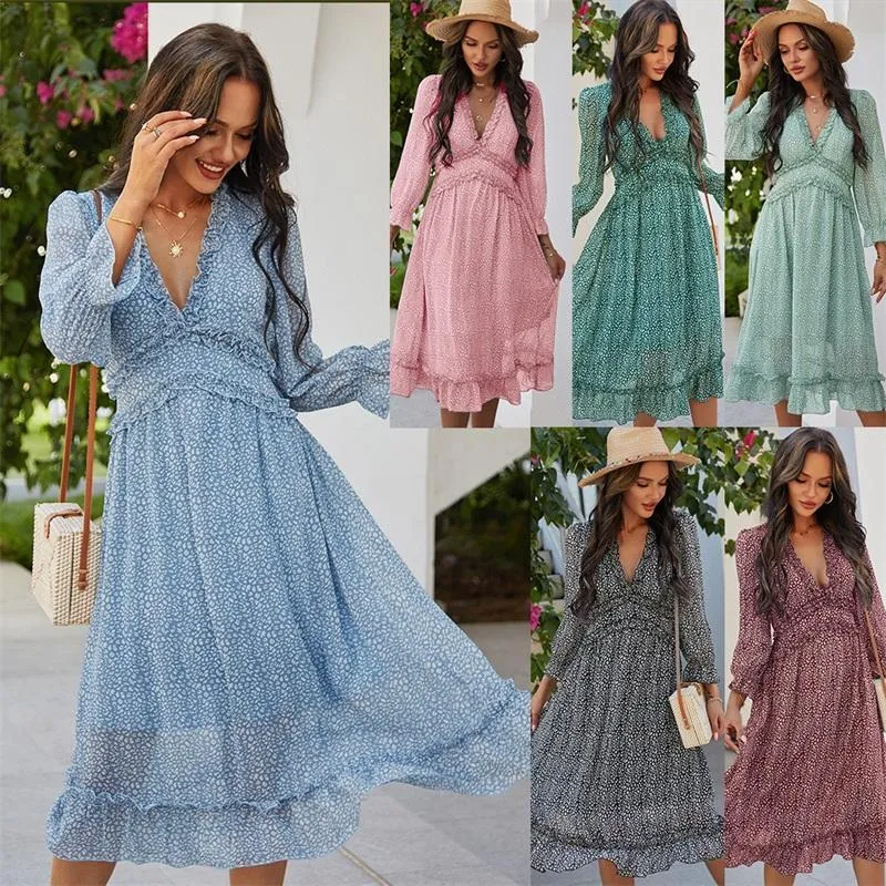 Kvinnor Chiffon Lång Klänning Blomstryck Lantern Sleeve A-Line Maxi Vestidos Höst Ny Elegant Vintage V Neck Vinter Klänningar 030405 Ottie