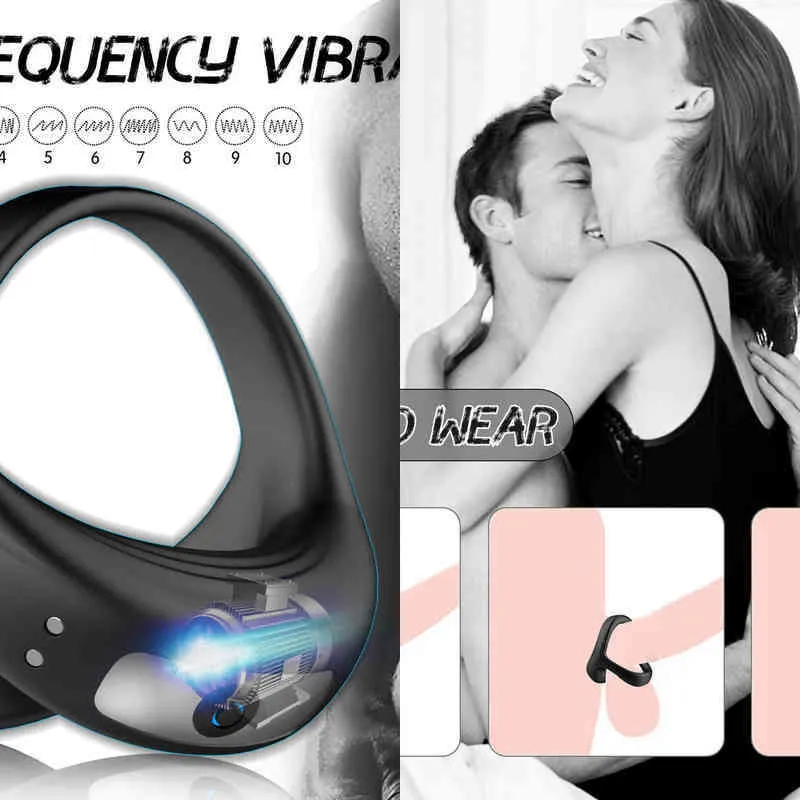 NXY Cockrings Amazing Couples Vibrating Pleasure Ring Le plus récent 10 Modes Delay Time Wearable Massager for Men Make Her Afraid Your Fighting Power 1214