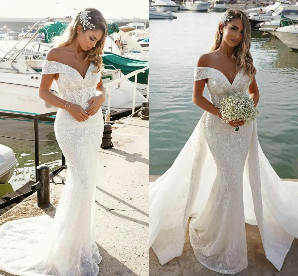 Abiti da sposa in pizzo a sirena 2022 robe de mari￩e Treno staccabile con spalle scoperte Abiti da sposa da spiaggia Abiti estivi