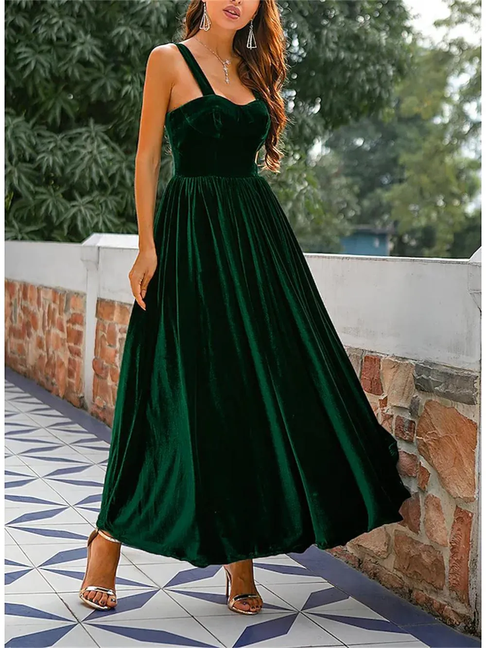 Velvet A-Line Prom Dress Spaghetti Strap Sleeveless Ankle-Length Pleated  Formal Cocktail Dress