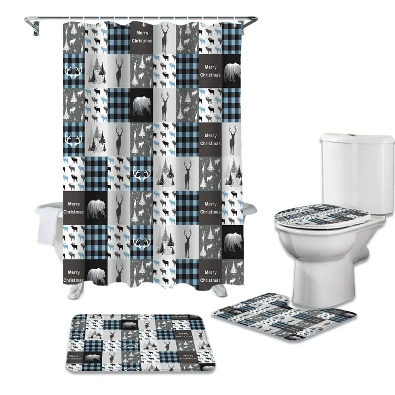 Shower Curtains Plaid Christmas Elk Tree White Bear Snow Print Curtain And Bath Rugs Set Modern For Bathroom Home Decor