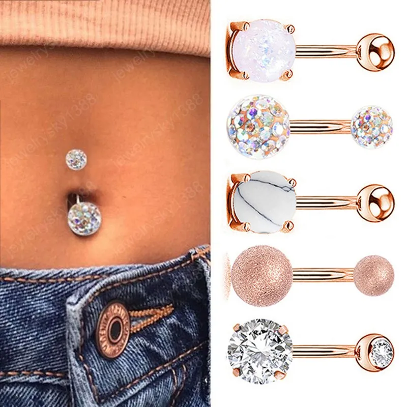 Zircon Belly Piercing Navel Button Ring Crystal Rose Gold Bar Dangling Ombligo Party Barbell for Woman Sexy Body Jewelry