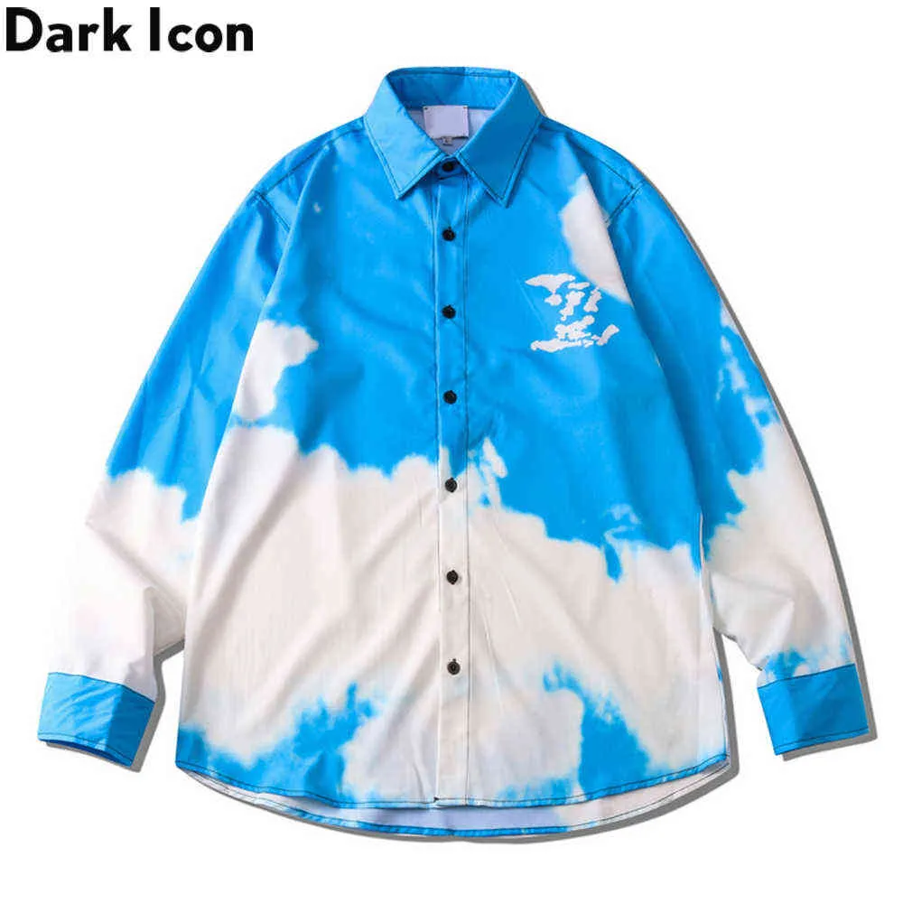 Dark Icon Tie Dye Långärmad tröja Män Now-down Collar Shirts Street Fashion för 210721