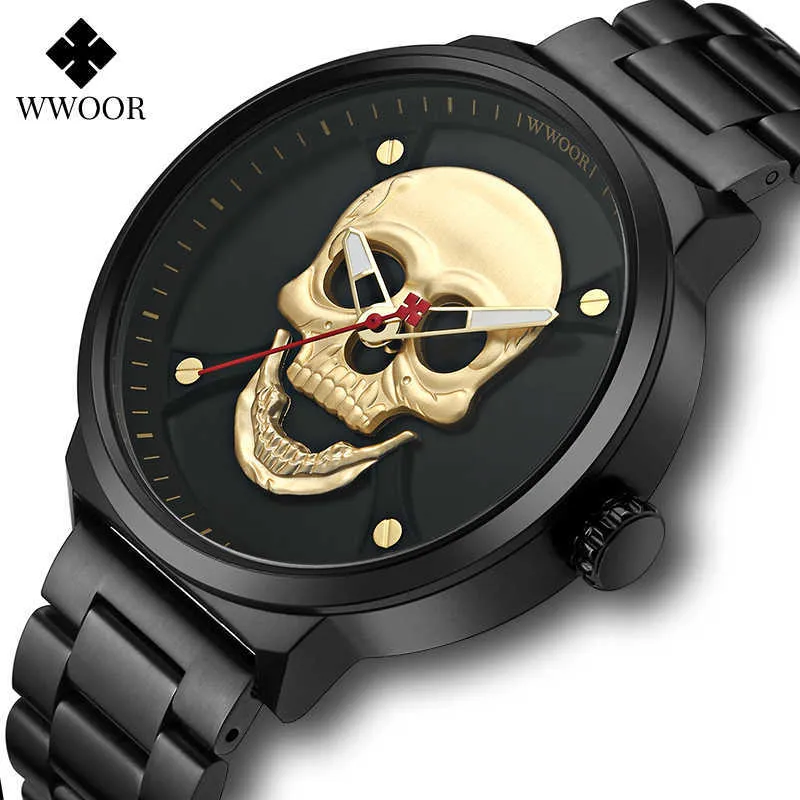 WWOOR Fashion Cool 3D Skull Watch Men Luxuy Waterproof Stainless Steel Gold Sports Men Quartz Wristwatches Relogio Masculino 210527