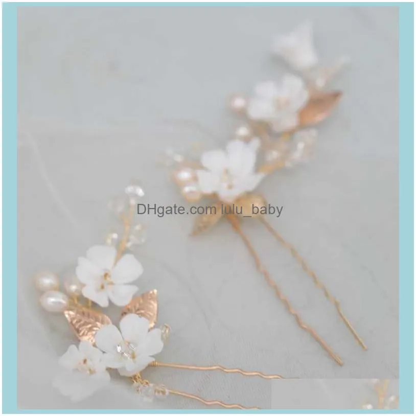 Gold Leaf Pins Bridal Clips Porcelain Flower Wedding Headpiece Handmade Women Hair Accessories Pearls Jewelry