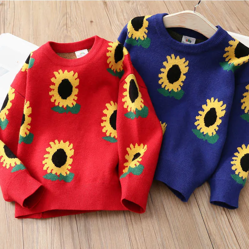 Baby Flower Sweater Outono Inverno Crianças Crianças Crianças Crianças Causal Pullover Manga Longa Tops de malha para meninas 210529