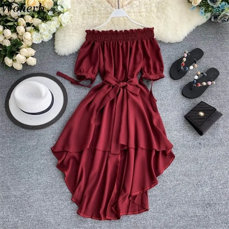 Woherb Summer Casual Chiffon Off Shoulder Bandage Dress Women 2021 Sexy Asymmetrical Ruffle Dresses Vestidos De Festa 210303