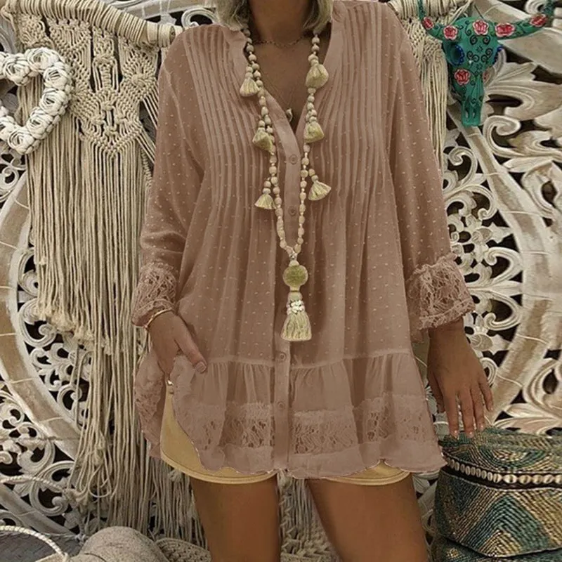 Camicie Da Donna Con Scollo A V Con Bottoni In Tinta Unita Top In Cotone E Lino Con Maniche Arrotolabili Vestibilità Ampia Taglie Forti Camicetta A Tunica Per Vacanze Casual Estate Abiti - Foto 4