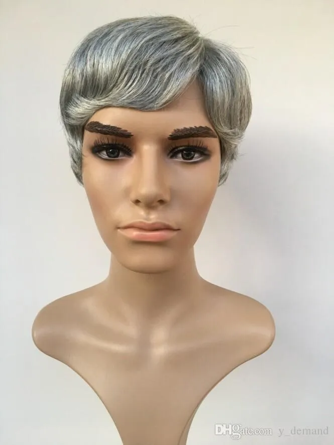 Fashion Mens Male Wig Handsome  Short Light Grey Straight Wigs For African American Full Wigs None Lace Hair In Stock Y demand