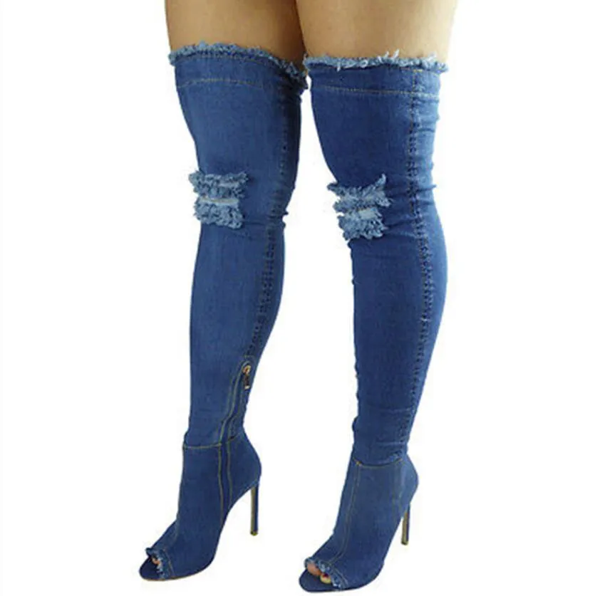 Stivali da donna autunno peep toe Over The Knee Boot jeans elastici moda tacchi alti plus size