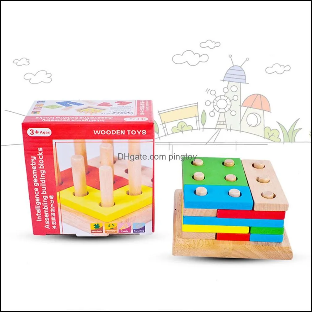 Wooden Column Shapes Stacking Toys Baby Preschool Educational Geometric Sorting Board Blocks Montessori Building Blocks