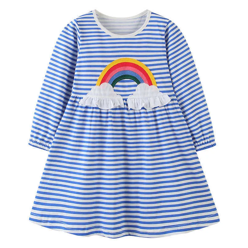 Aosta Betty Höst Långärmad Stickad Klänning Tjejer Striped Rainbow Kläder Rund Neck Bomull Barn Casual Klänningar 2-7 år G1026