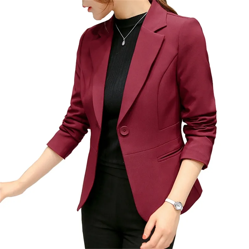 Women's Blazer Red Long Sleeve s Pockets Jackets Coat Slim Office Lady Jacket Female Tops Suit Femme 210930