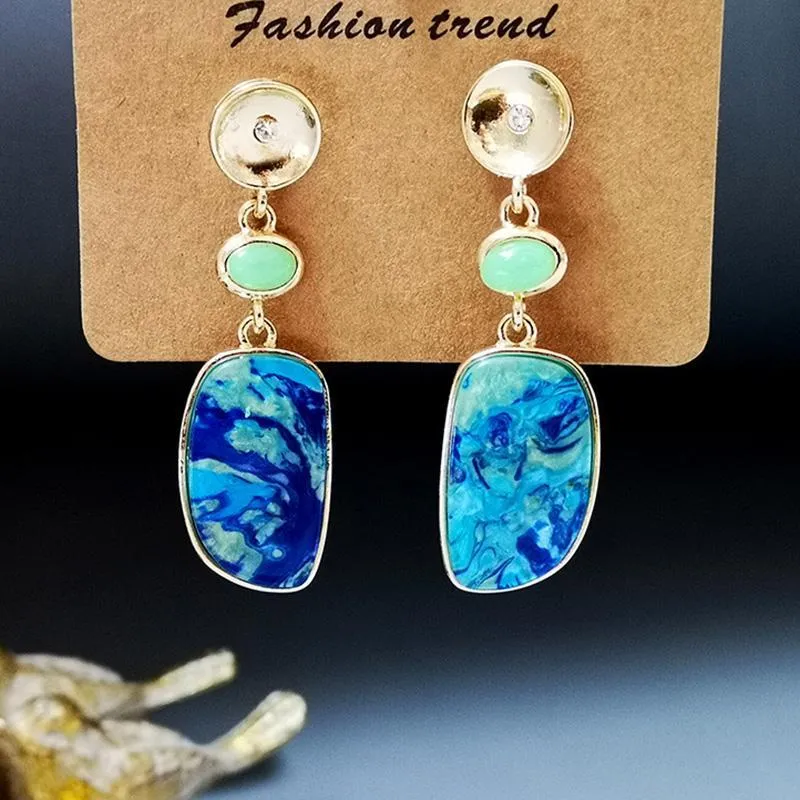 Dangle Lustre Mode Deep Blue Ocean Boucles D'oreilles Pour Les Femmes Charmant Or Cercle Métal Menthe Vert Pierre Bijoux De Mariée