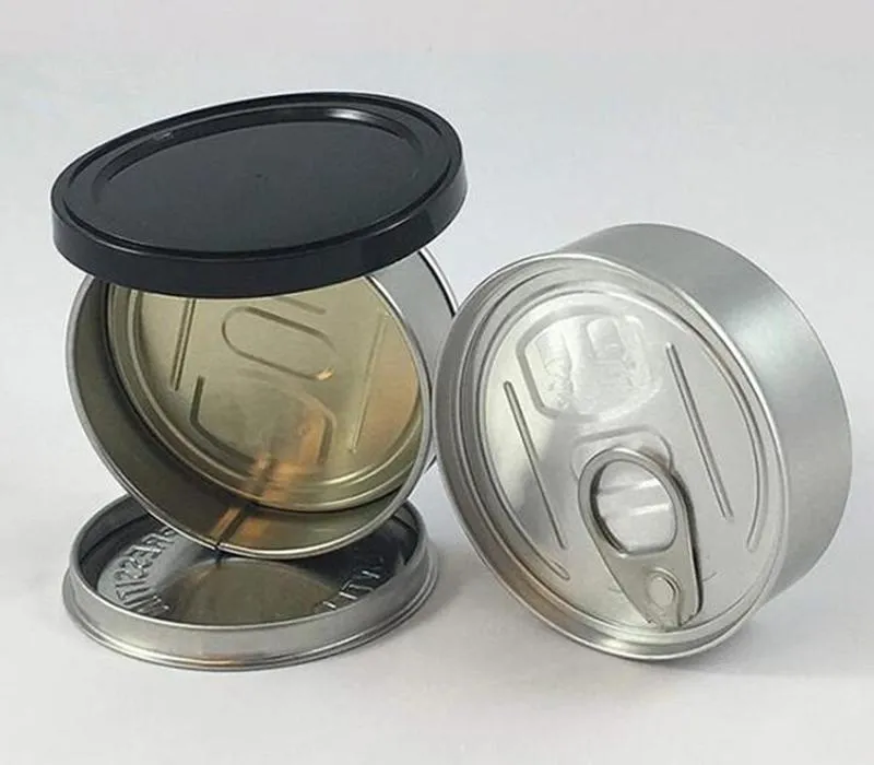 2 Maten 66mm * 27mm 60 ML Verpakking Zakken 3.5G Pressitin CANS 73mm * 23mm Cali Pressitins Tonijn Tin Candy Herbtin Clear Peel Off Deksel Black Cover